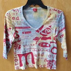 Glima Women's Red/Blue Rose poem 3/4 sleeve shirt